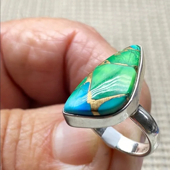 PEACOCK DAHLIA TURQUOISE Size 6 In Solid Sterling Silver 925 - Picture 5 of 7